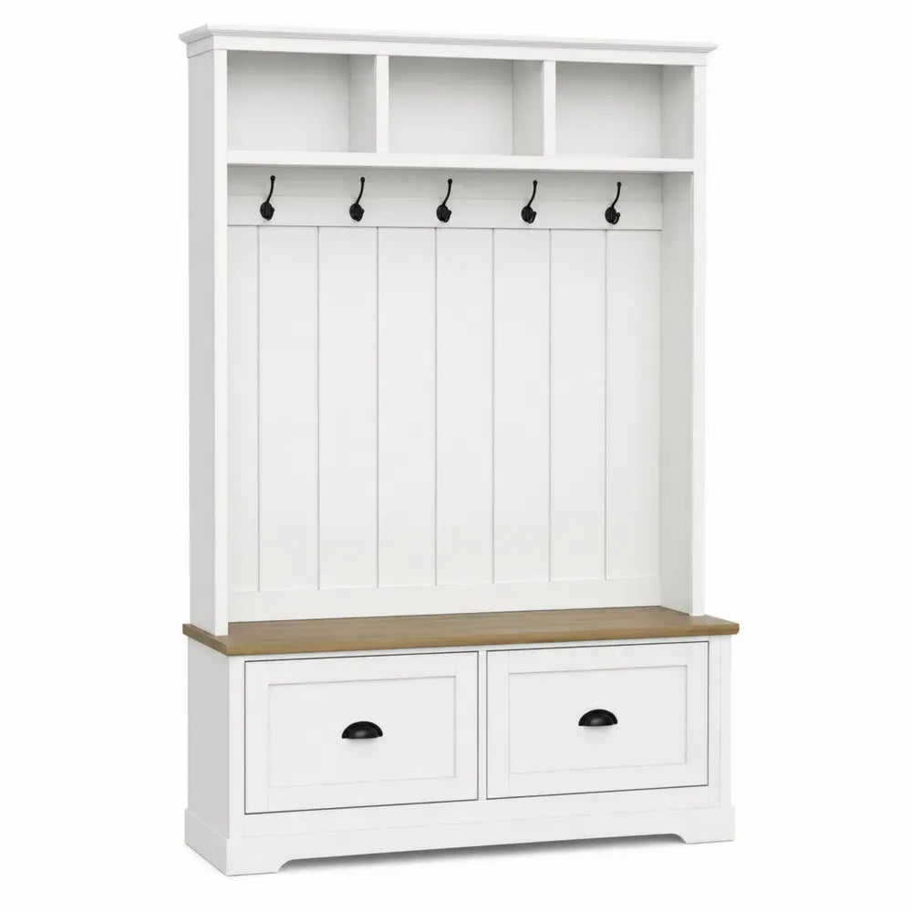 Perchero de entrada de MDF blanco con banco y cajones con ganchos metálicos patas de madera natural 110 cm ancho 40 cm fondo 180 cm alto
