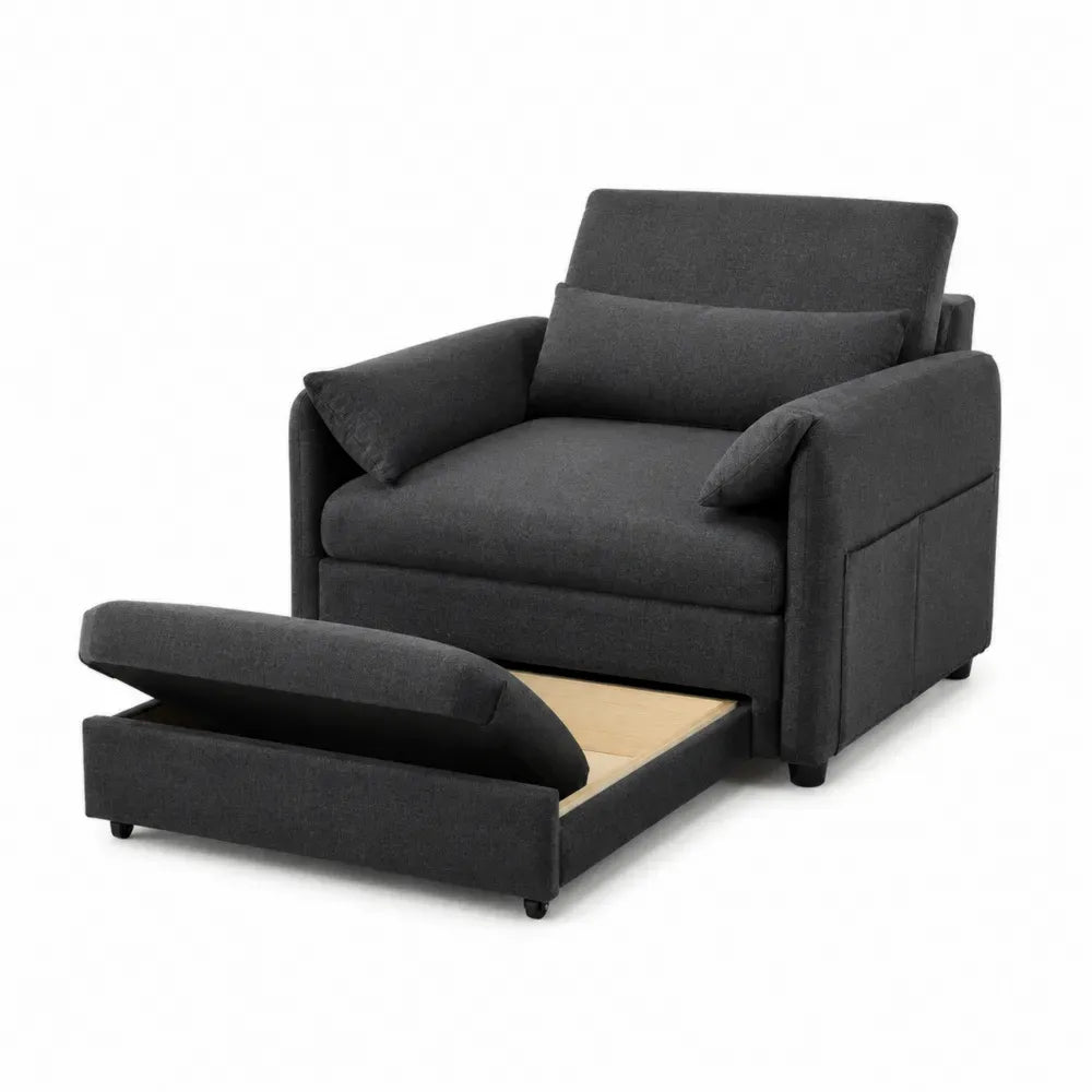 Sofá cama extensible tapizado en tejido chenilla de poliéster color gris oscuro con estructura de madera contrachapada y sistema deslizante 200 cm x 100 cm x 85 cm