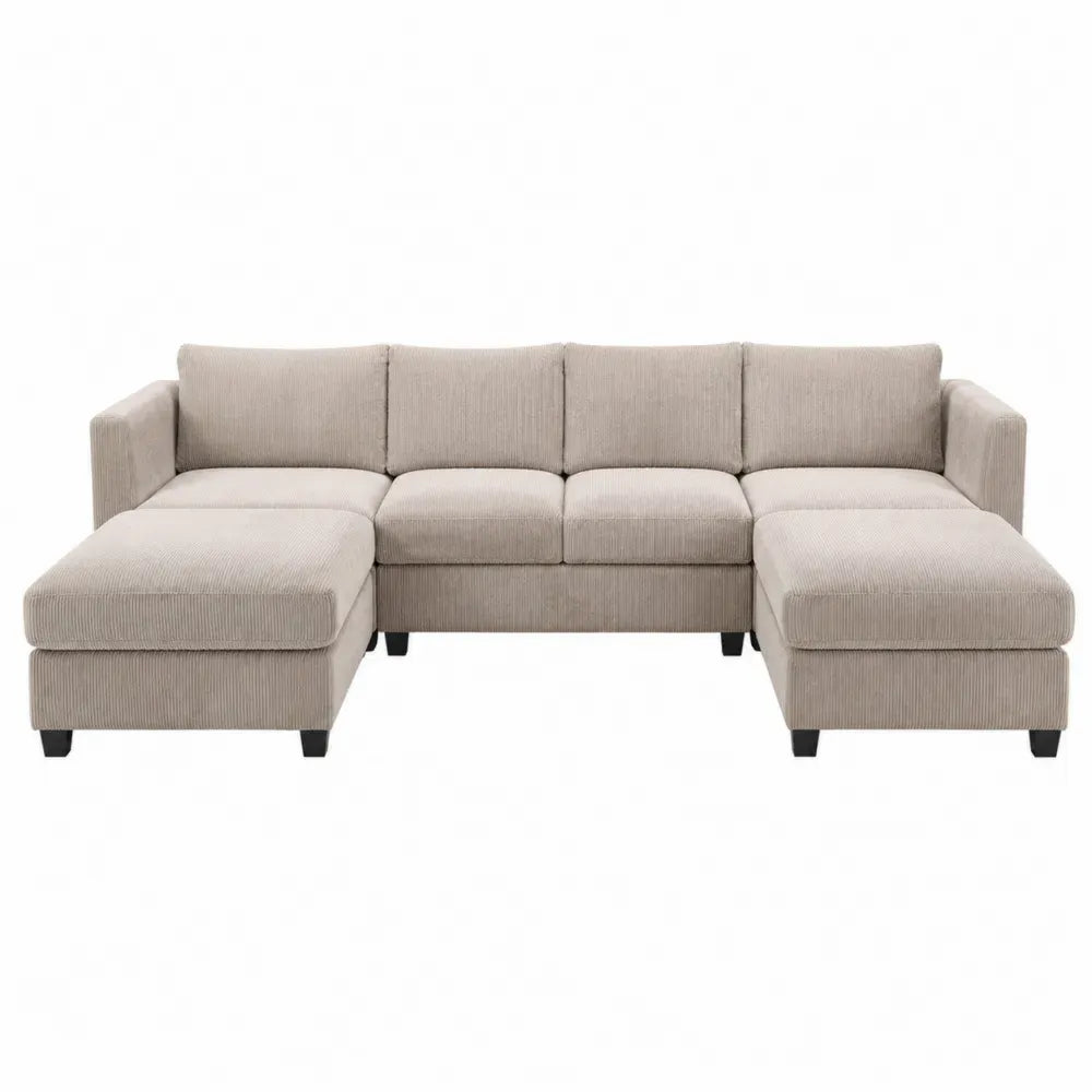 Sofá modular en U con doble chaise longue tapizado en pana acanalada de poliéster beige claro patas negras 320 x 180 x 85 cm