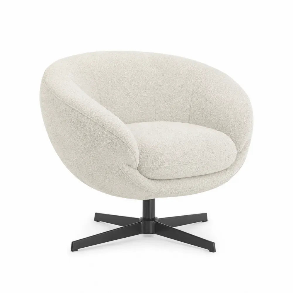 Sillón giratorio tapizado en tejido de poliéster base metálica en cruz asiento acolchado forma redondeada 75 cm alto 78 cm ancho 74 cm fondo color beige y negro