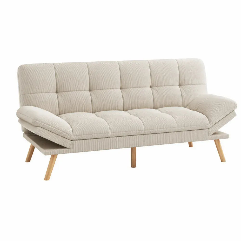 Sofá cama de 2 plazas tapizado en tejido de poliéster acanalado estructura de madera patas de madera color beige 180 cm x 90 cm x 85 cm