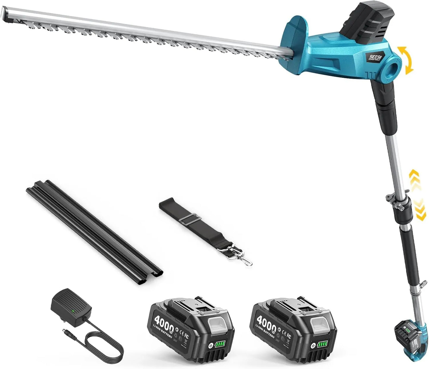SEESII Cortasetos Batería, 4000 mAh, 2,4 M, 50 Cm, ajuste regulable, Cortasetos Eléctrico con Pértiga Telescópica, Cuchilla Doble Acción