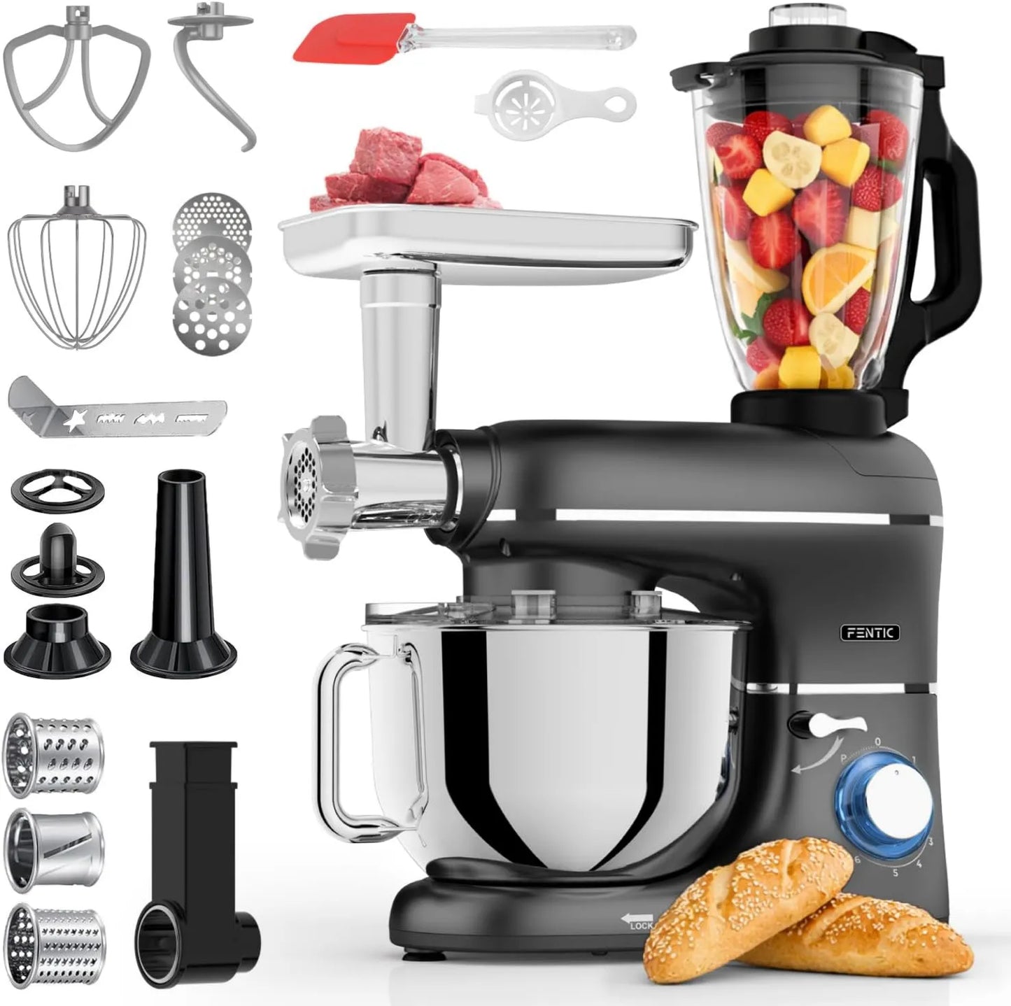 Procesador de alimentos, 2000W, 1,5L, 6.2L, 6 en 1 Robot de Cocina, Con Picadora de Carne, Batidora de Vaso, Batidora Amasadora con Bol