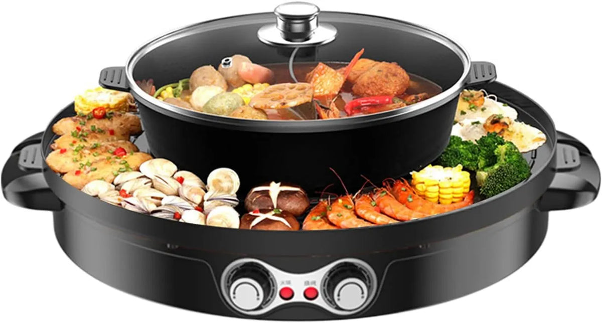 Parrilla eléctrica, 2200 W, 29 cm, 52 x 18.5 cm, Olla Hot Pot con Grill Eléctrico Negro, función grill