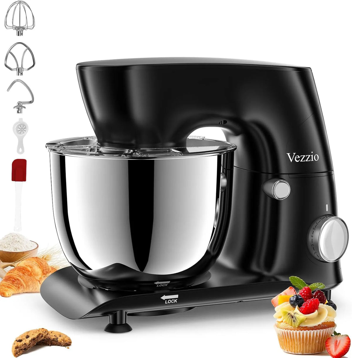 Lavavajillas 5.5QT, 1500W, 10 Velocidades, acero inoxidable, con Tazón, Apt. para Repostería Casera y Profesional