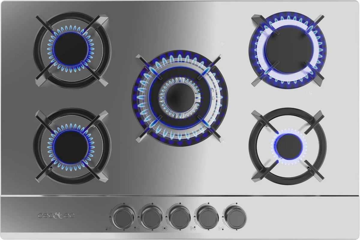 Cecotec G 5200S placa de gas, 11000W, acero inoxidable, Parrillas Individuales de Hierro Fundido, WOK Triple Corona, Encendido Eléctrico