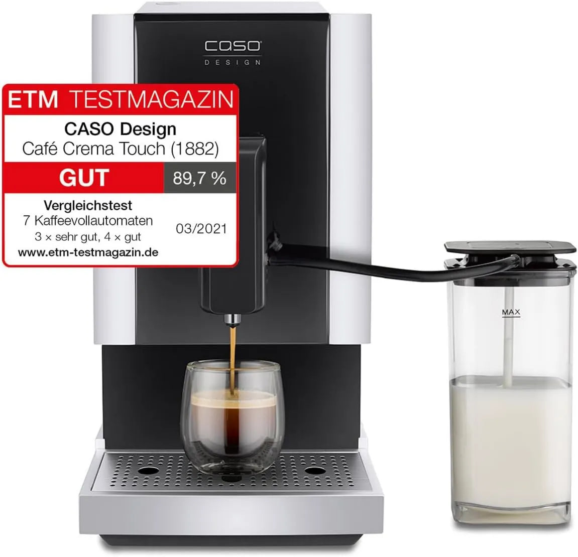 Cafetera automática, ajuste regulable, CASO Café Crema Touch, incluye manguera y depósito de leche, mecanismo de cono regulable sin niveles