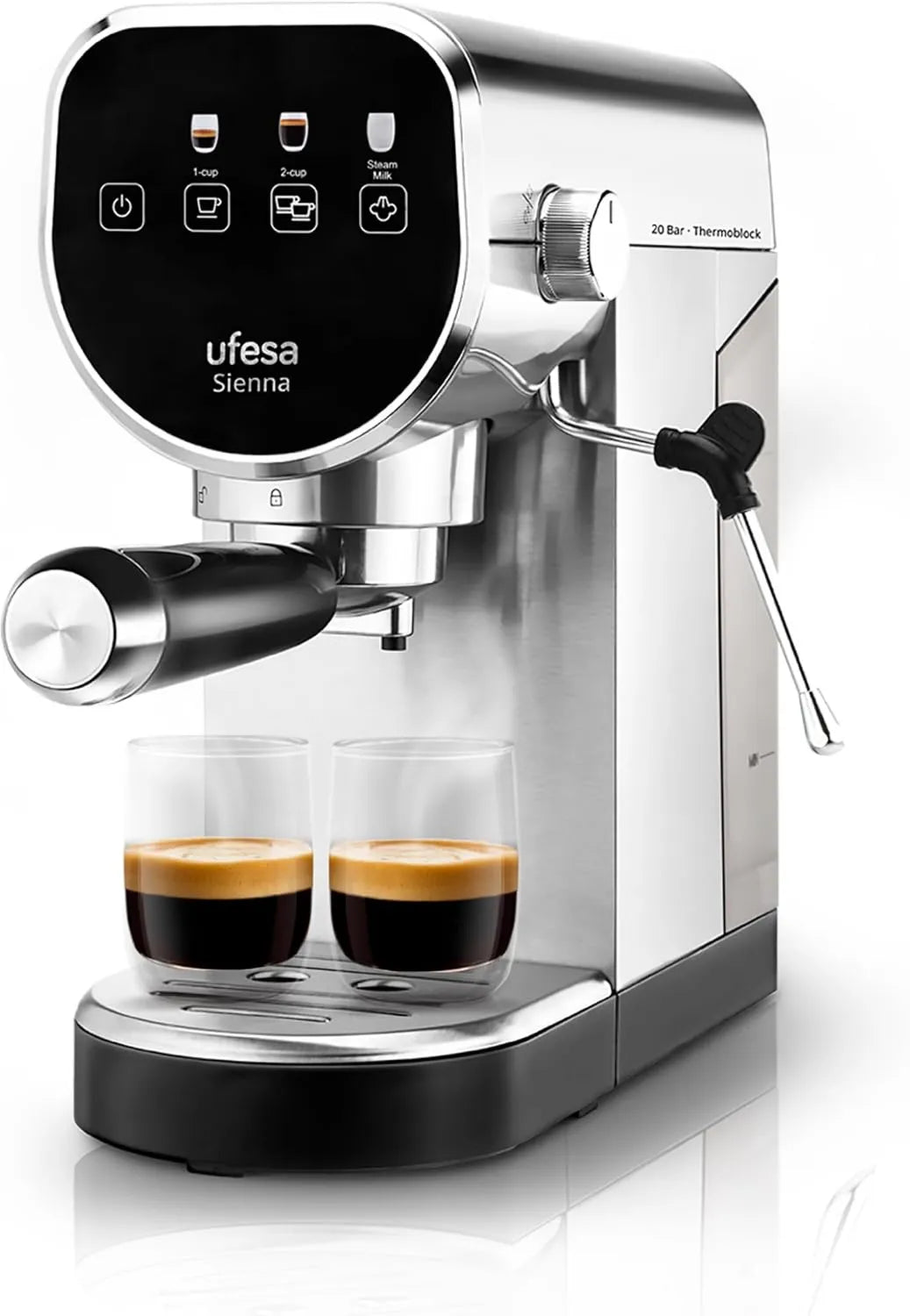 Cafetera espresso, 1360W, 0.9L, acero inoxidable, función de vapor, Capuchino Ufesa Sienna, Presión 20 Bares, Panel Táctil Digital