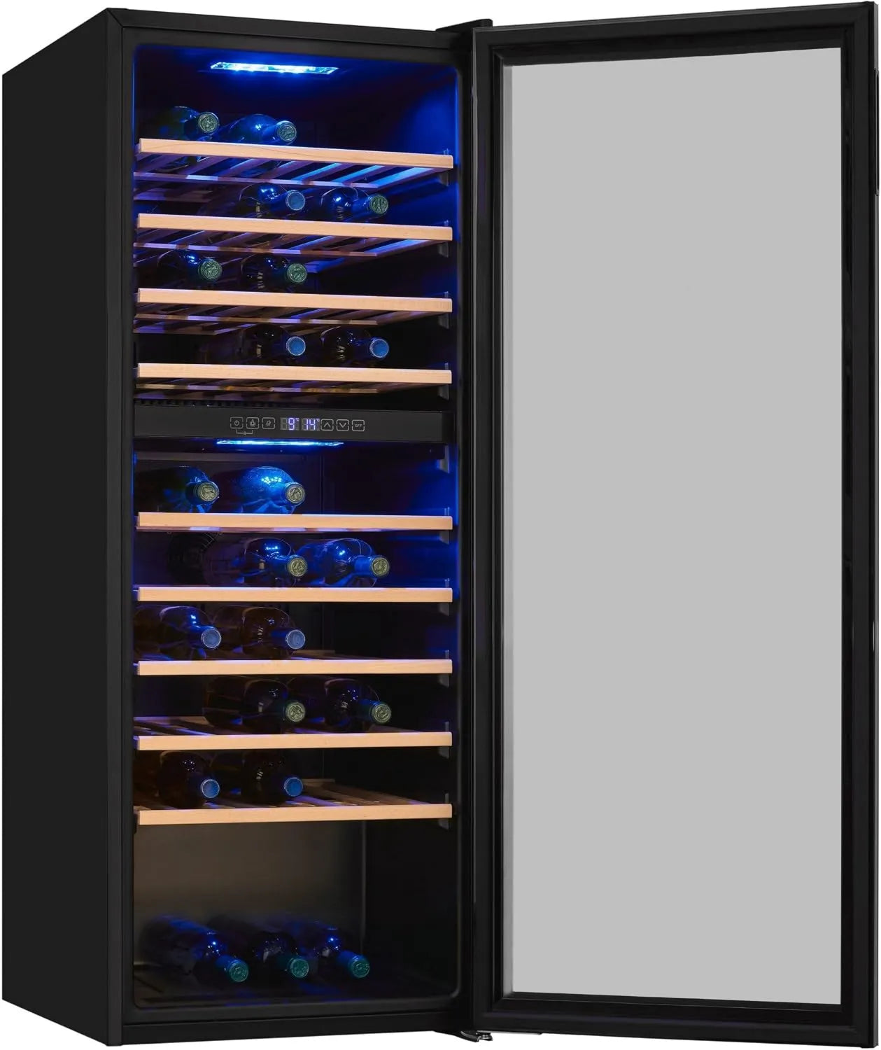 Ventilador, 194L, 128.5 x 49 x 57.5 cm, 78 Botellas, 5-20°C, doble zona, Temperatura, Control Digital, Puerta de Vidrio Reversible