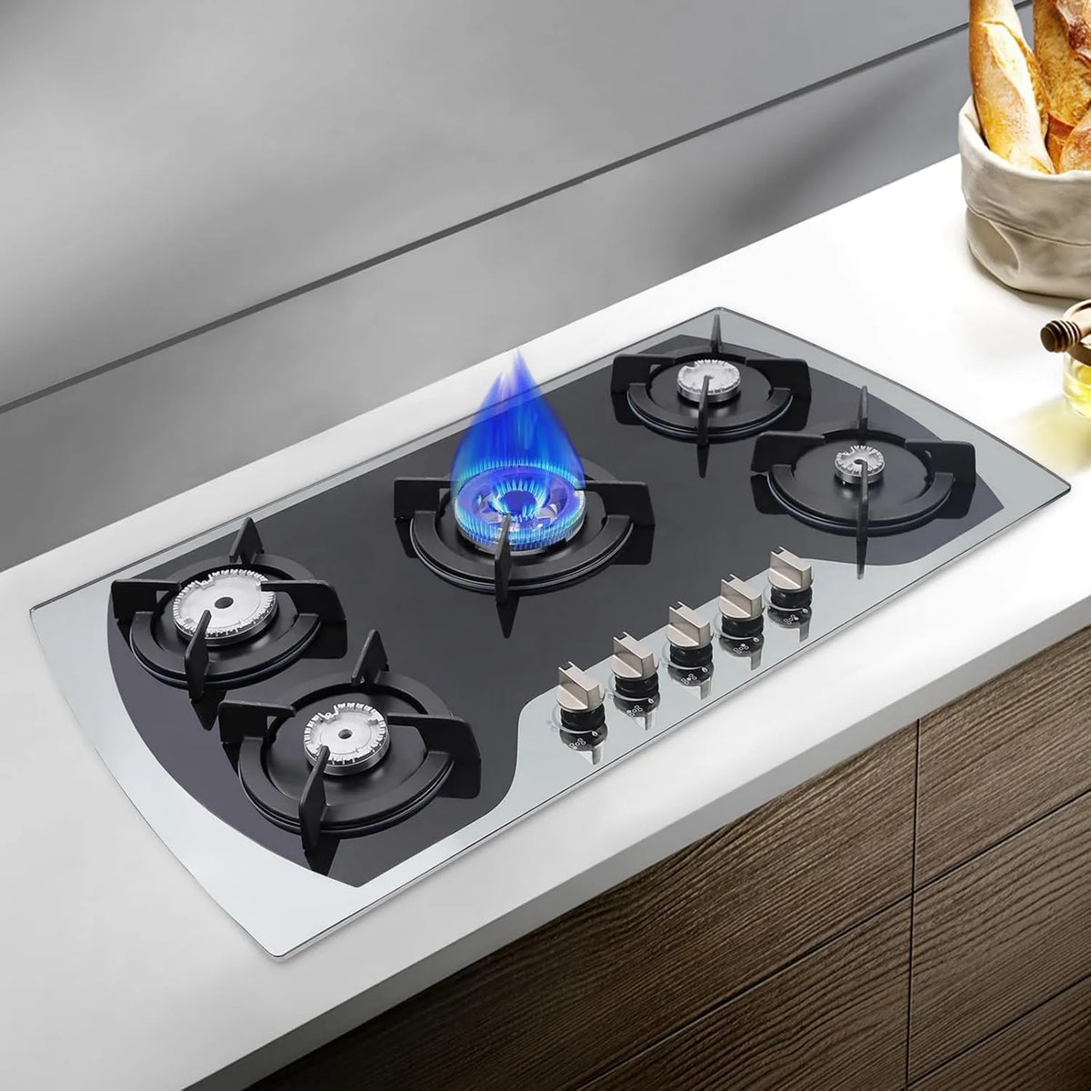 Placa de gas, 90 cm, 5 quemadores, Placa de cocción a gas, autoabastecida LPG/Gas Natural para hogares o restaurantes