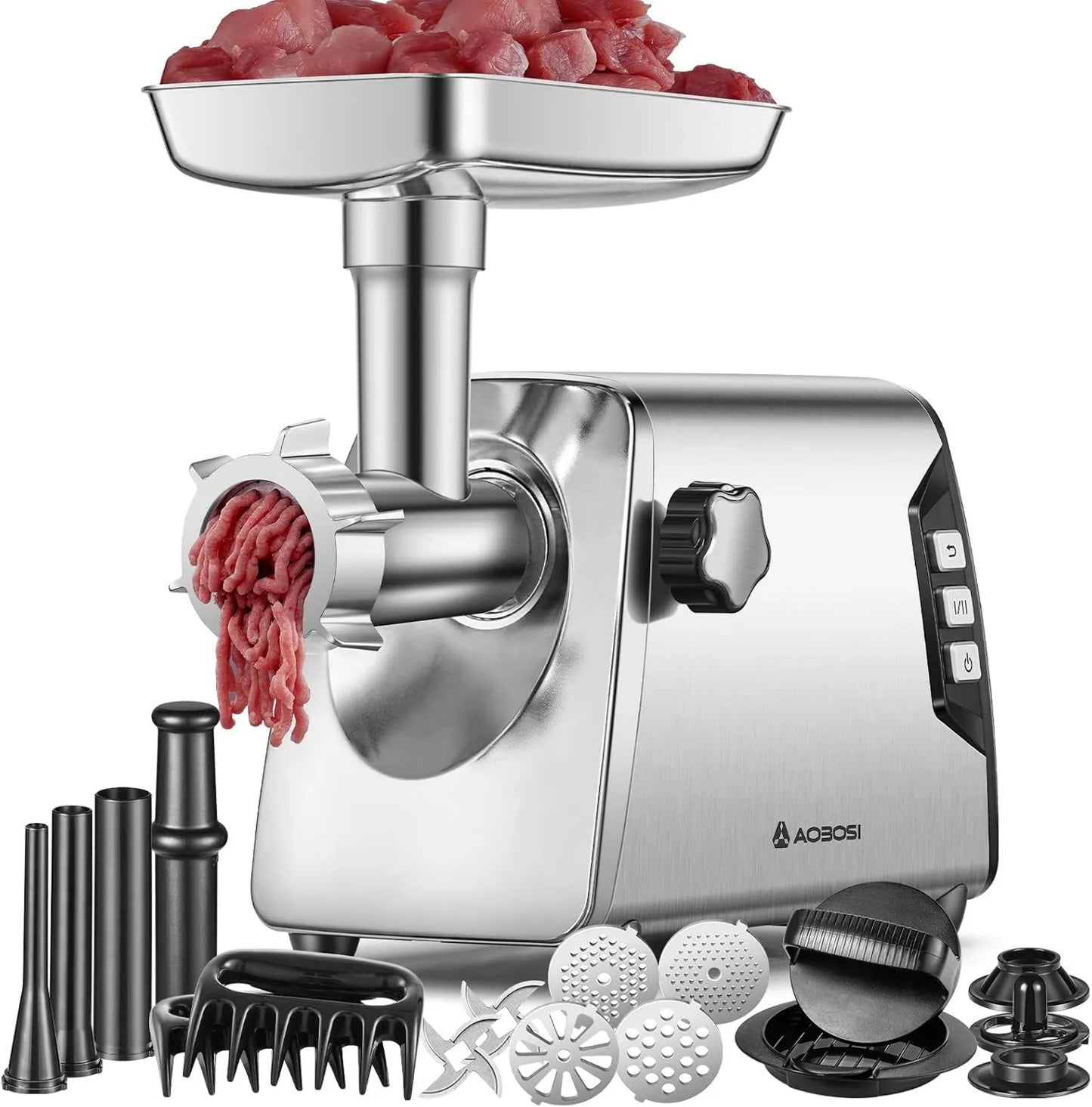 Picadora de carne, 3000 W, 3 velocidades, eléctrica resistente: 2 cuchillas, 3 rellenadores de salchichas, pinza de carne