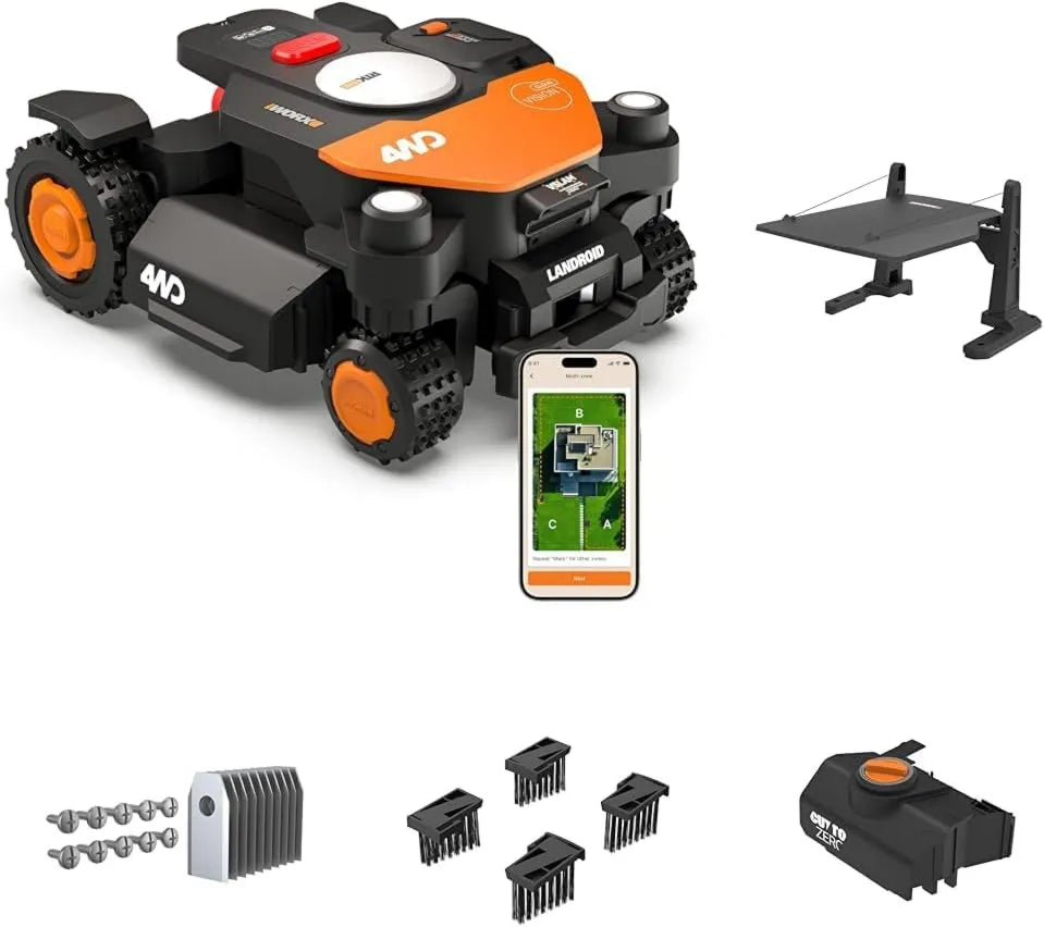 Robot cortacésped WR340E 4WD, 600 m², Vision Cloud con Garaje, Juego de Cepillos de Rueda y Cuchillas de Larga Duración, Sin Cable Perimetral