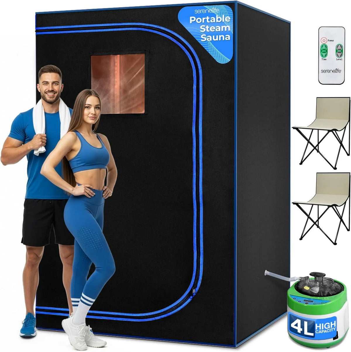 Sauna, Tamaño Completo para Dos Personas, Kit de calefacción de vapor, Máquina para relajación, 2 sillas plegables, Ajuste de Temporizador