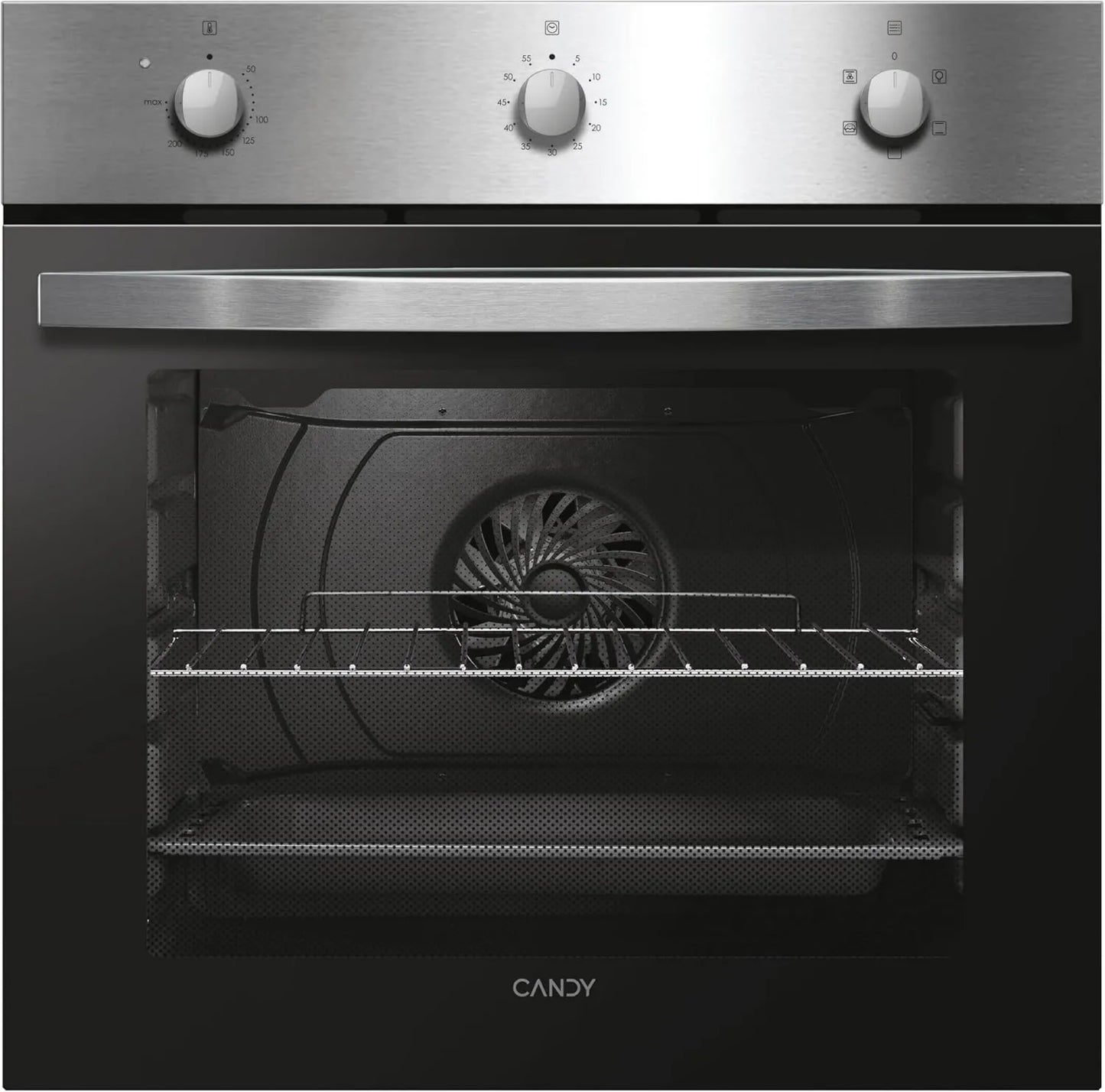 Candy X502 horno eléctrico, acero inoxidable, 65L, 2100W, 1 Bandeja, Idea FIDC, Horno Multifunción, 3 Controles Rotativos, Puerta de Doble Cristal
