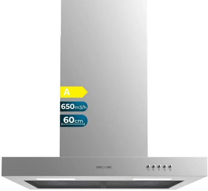 Cecotec 606500 campana extractora, 165W, 650m3/h, 60 cm, Acabado en Acero, Succión, Control Mecánico, 3 Niveles de Potencia, Luz y Filtro de Carbón
