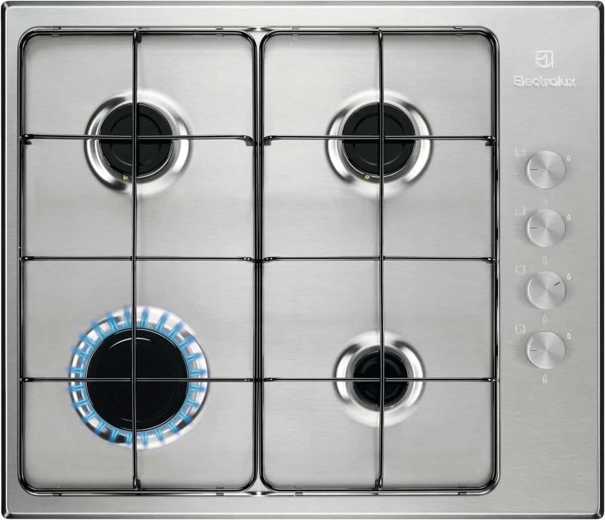 Electrolux KGS6404SX placa de gas, acero inoxidable, 3000W, 60 cm, 4 Zonas, 9 Niveles, Cocción, Intensidad, Sistema de Seguridad, Antihuellas