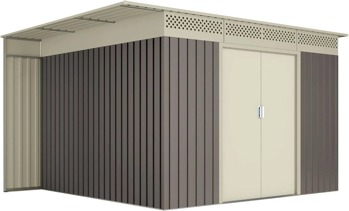 Cobertizo de jardín, 9 m², Caja Lateral para Troncos, Rejillas de Ventilación, Techo Inclinado, Caseta de Almacenamiento Metálica para Herramientas