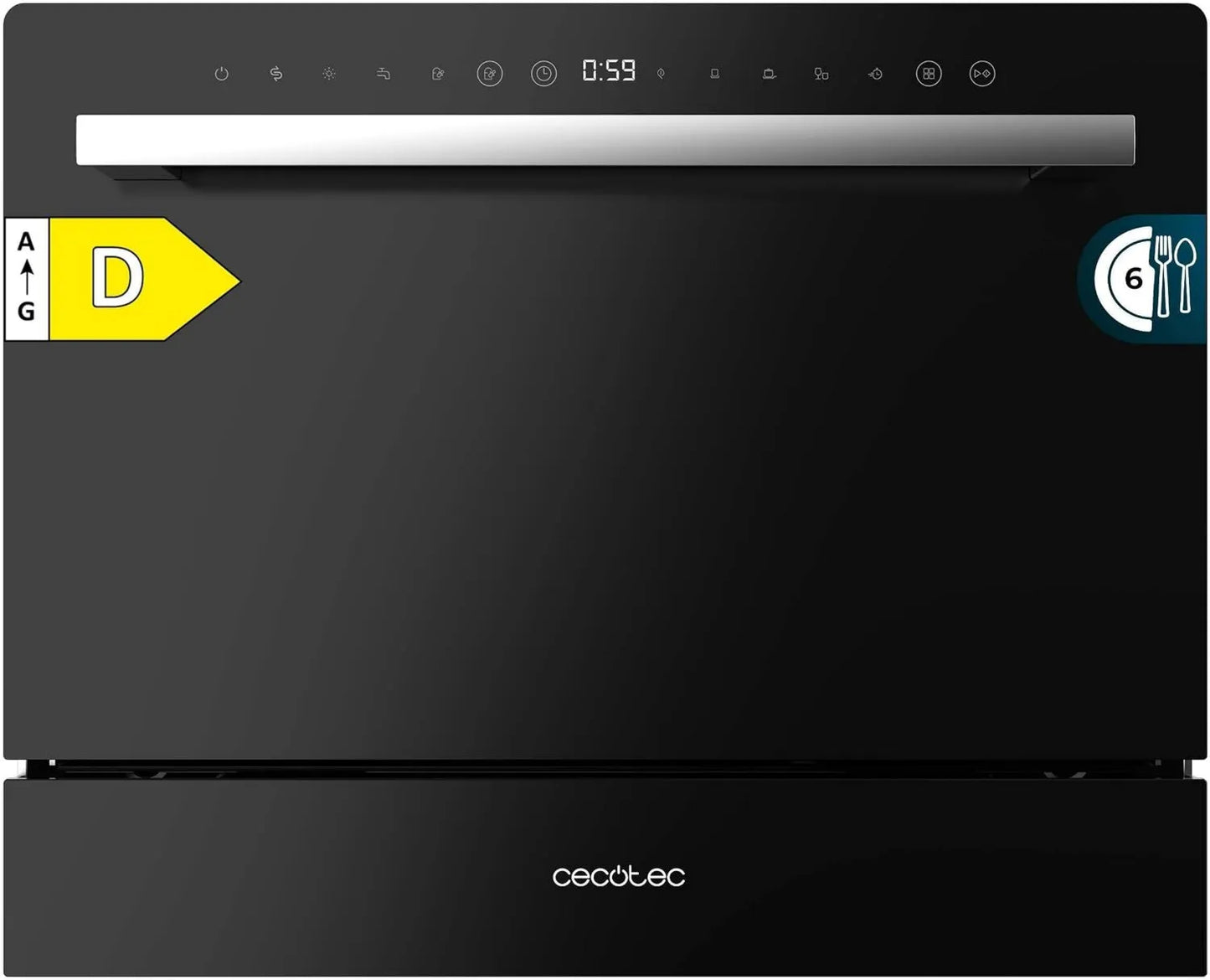 Cecotec lavavajillas, 1380W, 5 Programas, control programable, bloqueo infantil, Acabado en Cristal Negro, Panel Táctil de Control