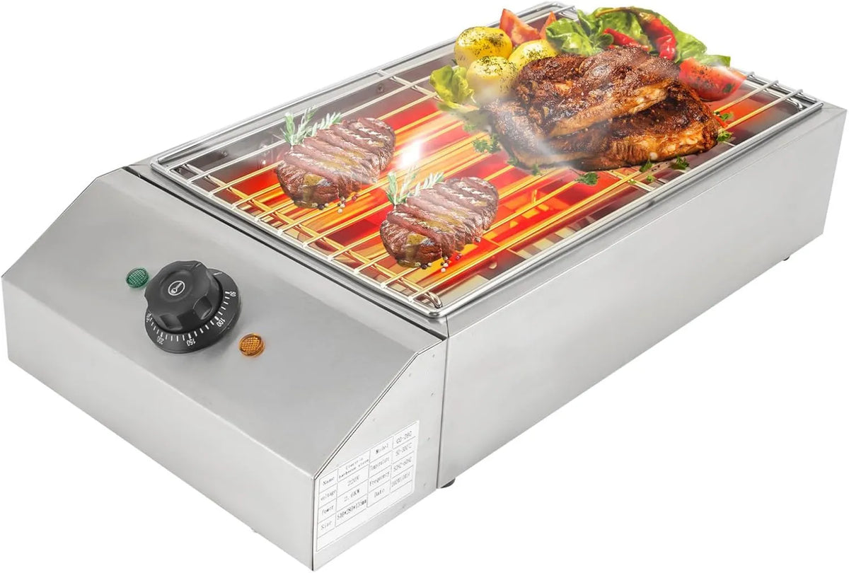 Parrilla eléctrica BBQ 54, 220V, 2.6KW, 54 x 28 x 13.5 cm, 50-300°C, acero inoxidable, ajuste regulable
