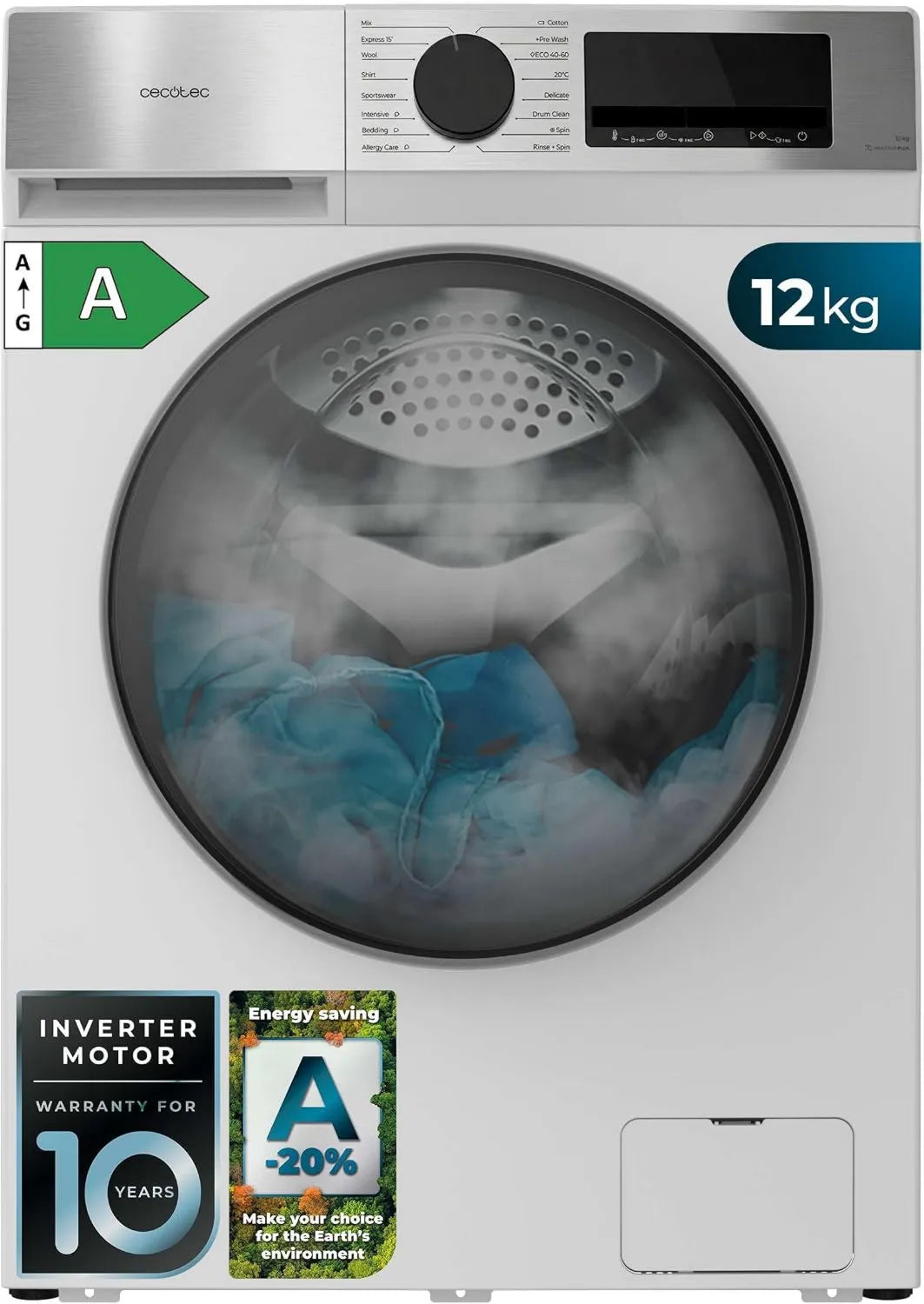 Cecotec A-20 12450 lavadora, motor Inverter, 12 kg, 1400 rpm, 16 Programas, Carga Frontal Bolero DressCode Inverter, Plus, Allergy Care, Tambor Pearl