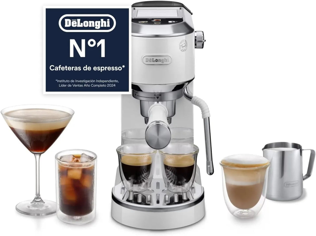 Cafetera espresso EC890.WI, 15 cm, De'Longhi Dedica Duo, Perfetto Manual Compacta con Espumador de Leche Manual, para Espresso, Cappuccino y Cold Brew