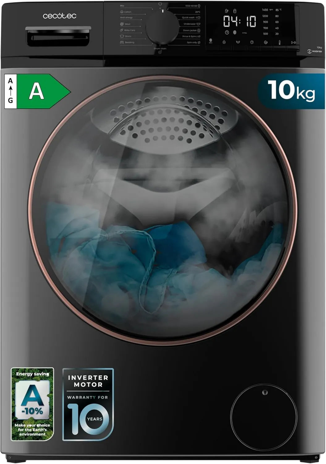 Cecotec 10610 lavadora, 10Kg, 1400 RPM, 15 Programas, motor Inverter, Carga Frontal Bolero DressCode Inverter Steel A, Plus, Goma Antibacteriana