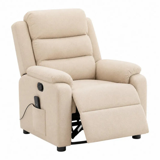 Sillón reclinable eléctrico con reposapiés y bolsillo lateral tapizado en tejido de poliéster beige patas negras 80 x 90 x 105 cm