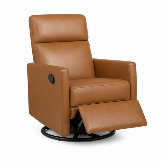 Sillón reclinable giratorio con reposapiés tapizado en PU marrón camel base de acero negra 75 x 85 x 105 cm
