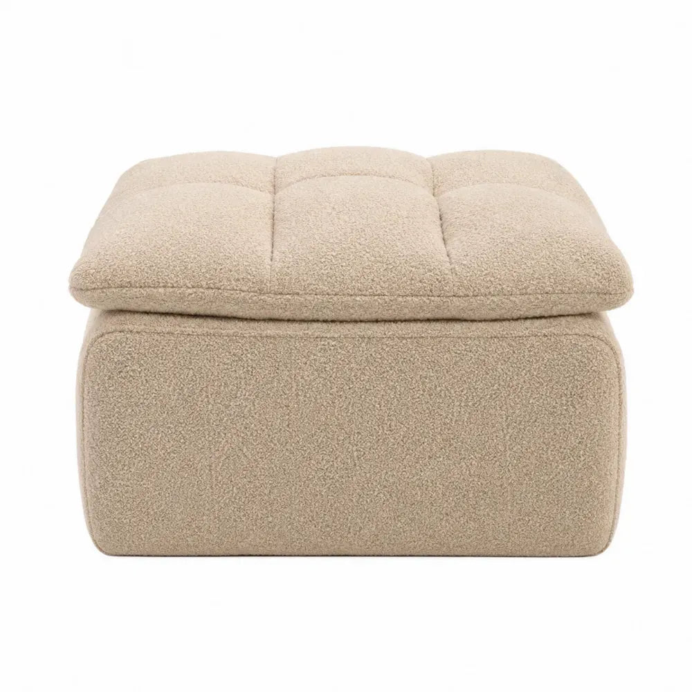 Puf reposapiés con almacenamiento tapizado en tejido bouclé de poliéster estructura de MDF forma cúbica color beige 60 cm x 60 cm x 38 cm