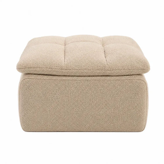 Puf reposapiés con almacenamiento tapizado en tejido bouclé de poliéster estructura de MDF forma cúbica color beige 60 cm x 60 cm x 38 cm