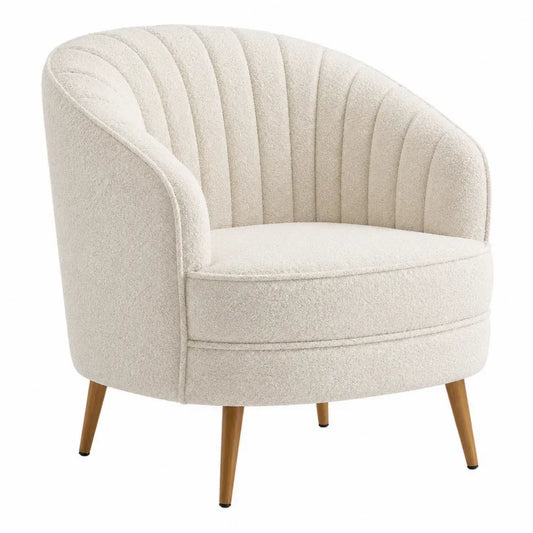 Silla de salón con reposabrazos tapizada en tejido bouclé estructura de madera patas cónicas estilo moderno beige 78 cm