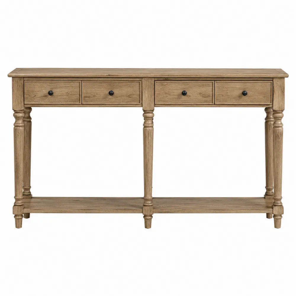 Mesa consola rectangular con 4 cajones estante inferior madera de caucho y MDF color madera natural 140 x 35 x 80 cm