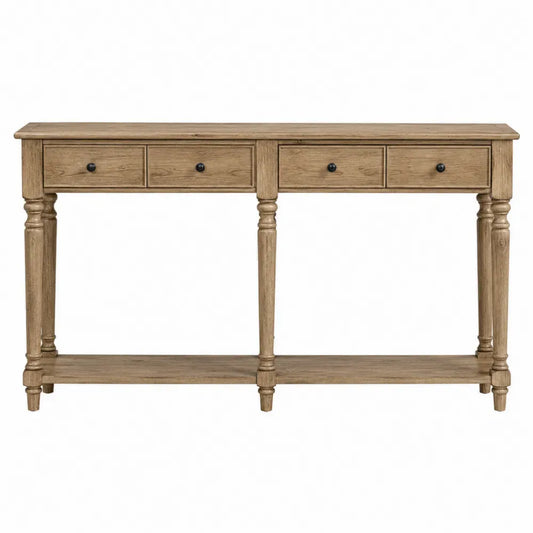 Mesa consola rectangular con 4 cajones estante inferior madera de caucho y MDF color madera natural 140 x 35 x 80 cm