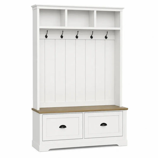 Perchero de entrada de MDF blanco con banco y cajones con ganchos metálicos patas de madera natural 110 cm ancho 40 cm fondo 180 cm alto