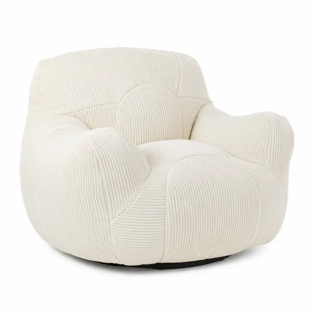 Sillón giratorio tapizado en tejido de poliéster acanalado 85 cm beige claro con reposabrazos integrados base giratoria metálica asiento acolchado forma envolvente