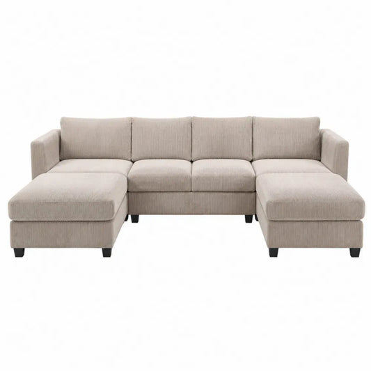 Sofá modular en U con doble chaise longue tapizado en pana acanalada de poliéster beige claro patas negras 320 x 180 x 85 cm