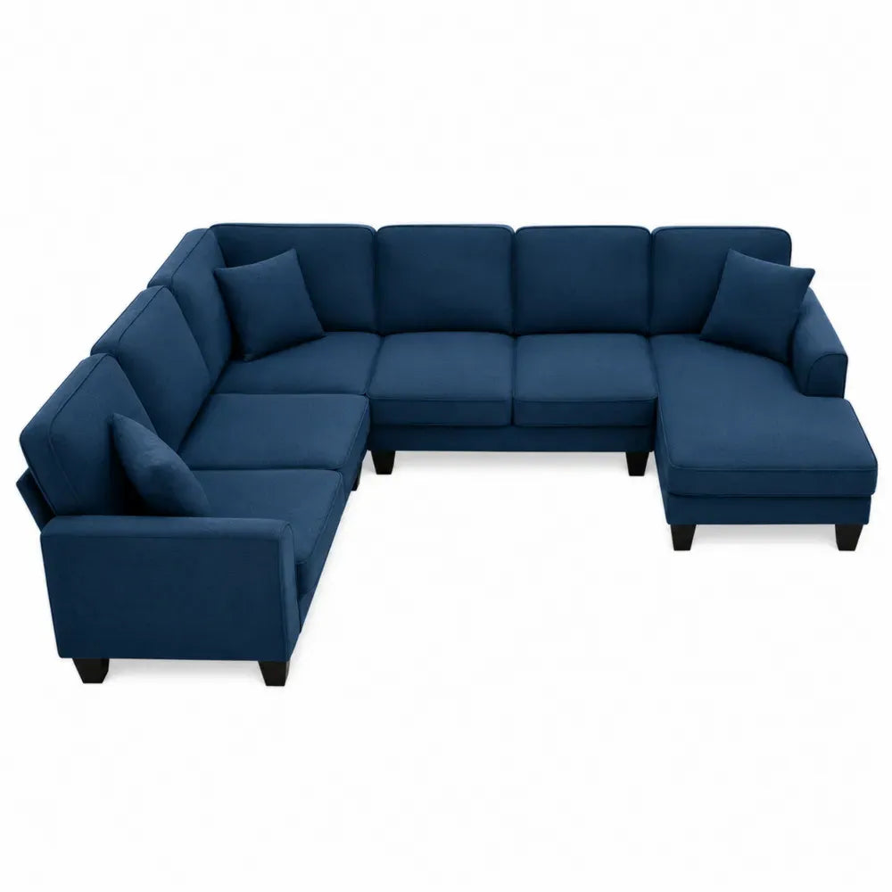 Sofá esquinero en L con chaise longue tapizado en tejido de poliéster color azul oscuro estructura de madera y tablero de partículas 280 cm x 160 cm x 85 cm