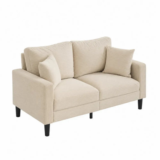 Sofá de 2 plazas tapizado en pana acanalada de poliéster beige claro con 2 cojines y patas negras 180 x 90 x 85 cm