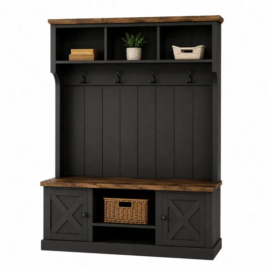 Perchero de entrada de MDF y madera con banco armario inferior ganchos metálicos estructura negra y madera natural 120 cm ancho 40 cm fondo 180 cm alto