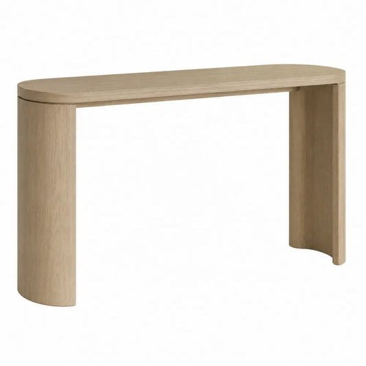 Mesa consola de salón de madera efecto roble claro estructura curva lateral estilo minimalista 120 cm x 35 cm x 78 cm