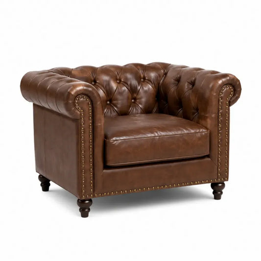 Sillón tipo Chesterfield tapizado en piel sintética PU con capitoné estructura de madera patas de madera color marrón 80 cm alto 75 cm ancho 75 cm profundidad