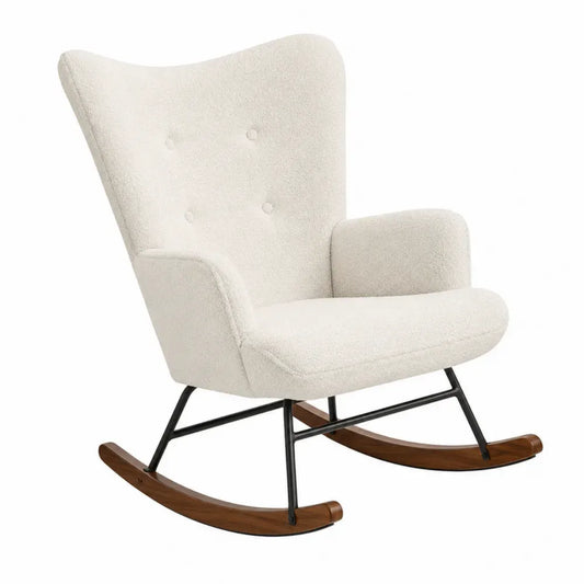 Silla mecedora con reposabrazos tapizada en tejido bouclé de poliéster blanco crema estructura de acero negra base de madera marrón 72 x 88 x 95 cm