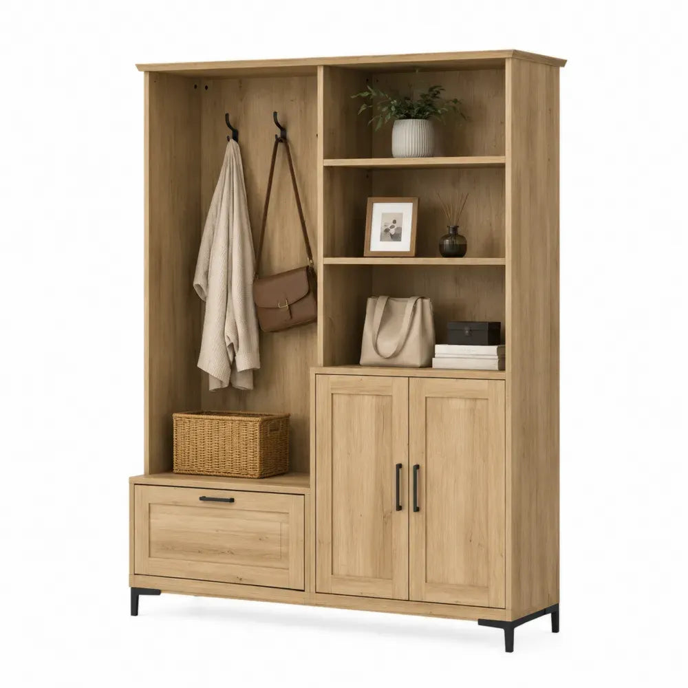 Mueble perchero de entrada con estantes abiertos armario inferior y cajón de aglomerado efecto roble claro 140 x 40 x 180 cm