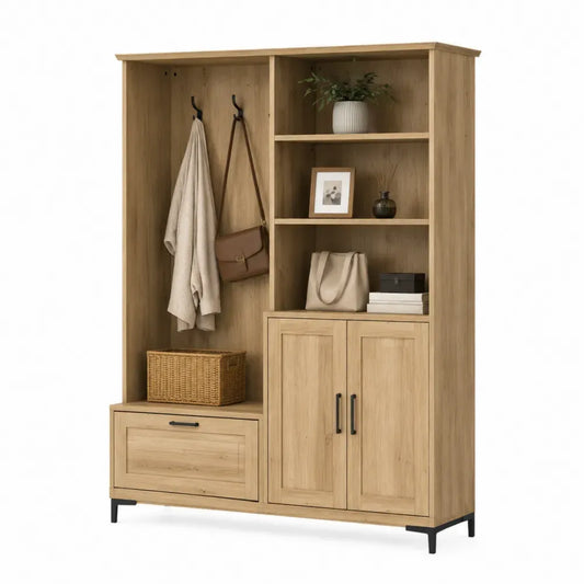 Mueble perchero de entrada con estantes abiertos armario inferior y cajón de aglomerado efecto roble claro 140 x 40 x 180 cm