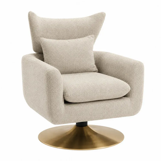 Sillón giratorio con reposabrazos y cojín tapizado en tejido bouclé beige claro base circular de acero dorada 82 x 80 x 78 cm