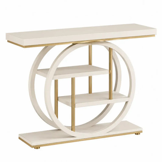 Mesa consola de salón con estructura circular metálica dorada estantes MDF acabado crema estilo moderno 120 cm x 35 cm x 80 cm
