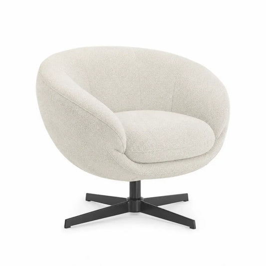 Sillón giratorio tapizado en tejido de poliéster base metálica en cruz asiento acolchado forma redondeada 75 cm alto 78 cm ancho 74 cm fondo color beige y negro