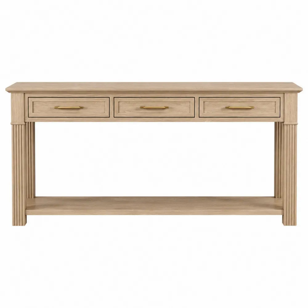Mesa consola de almacenamiento con 3 cajones y estante inferior madera de roble claro 140x40x80 cm con tiradores dorados estilo moderno