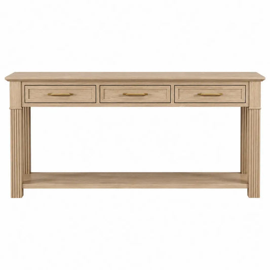 Mesa consola de almacenamiento con 3 cajones y estante inferior madera de roble claro 140x40x80 cm con tiradores dorados estilo moderno