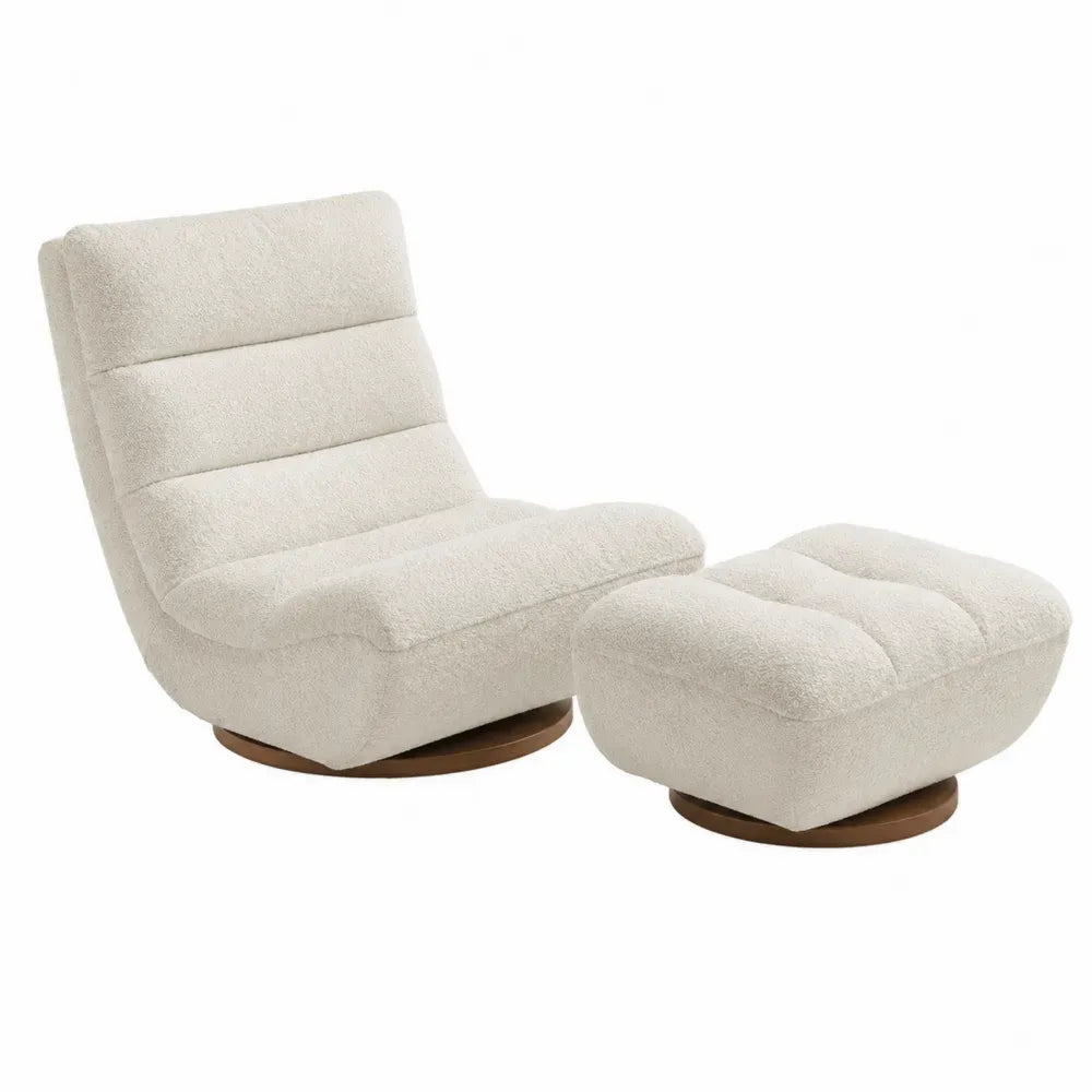 Sillón giratorio con otomana tapizado en tejido bouclé de poliéster estructura de madera contrachapada y base de madera maciza color beige claro 80 cm x 78 cm x 82 cm